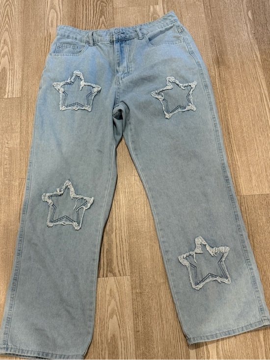Source Unknown Denim - Star Patch High-Waist Wide-Leg Jeans - Light Blue Size L 90% Cotton
